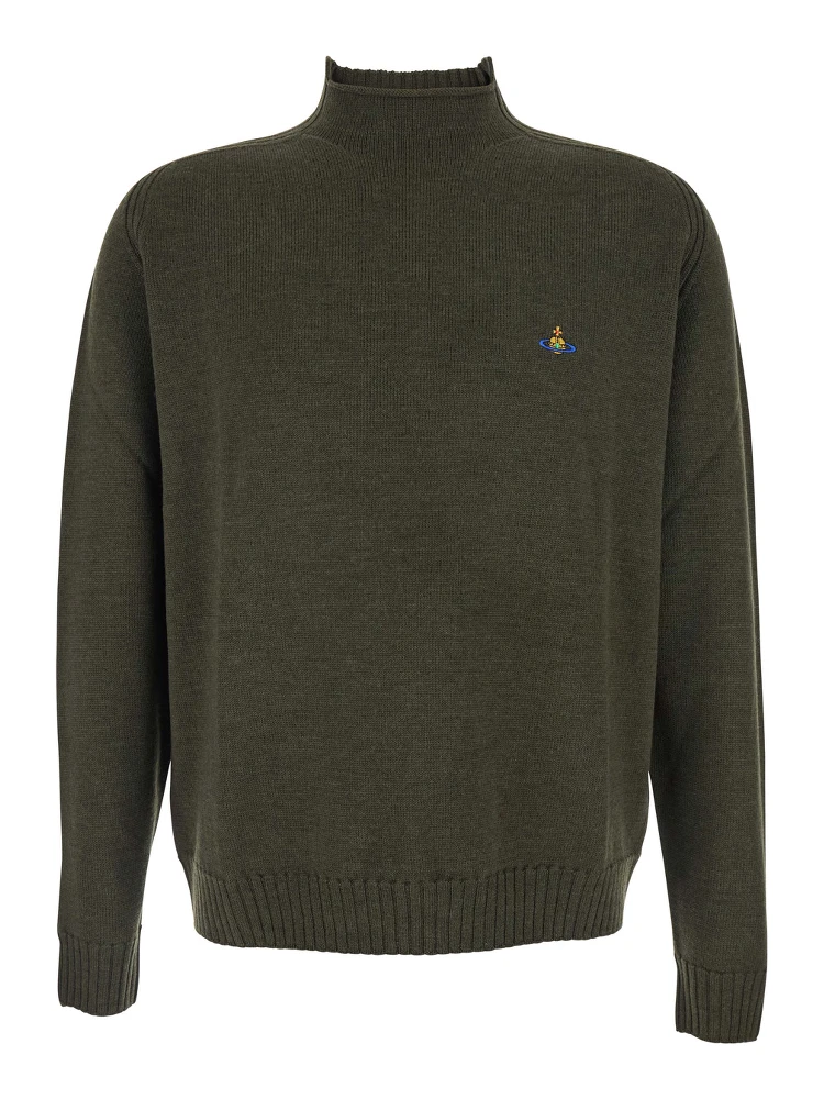Green Crew Neck Sweater with Orb Logo Embroidered on the Front in Wool Blend Man