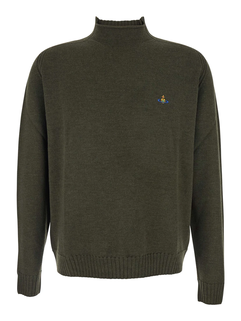 Green Crew Neck Sweater with Orb Logo Embroidered on the Front in Wool Blend Man