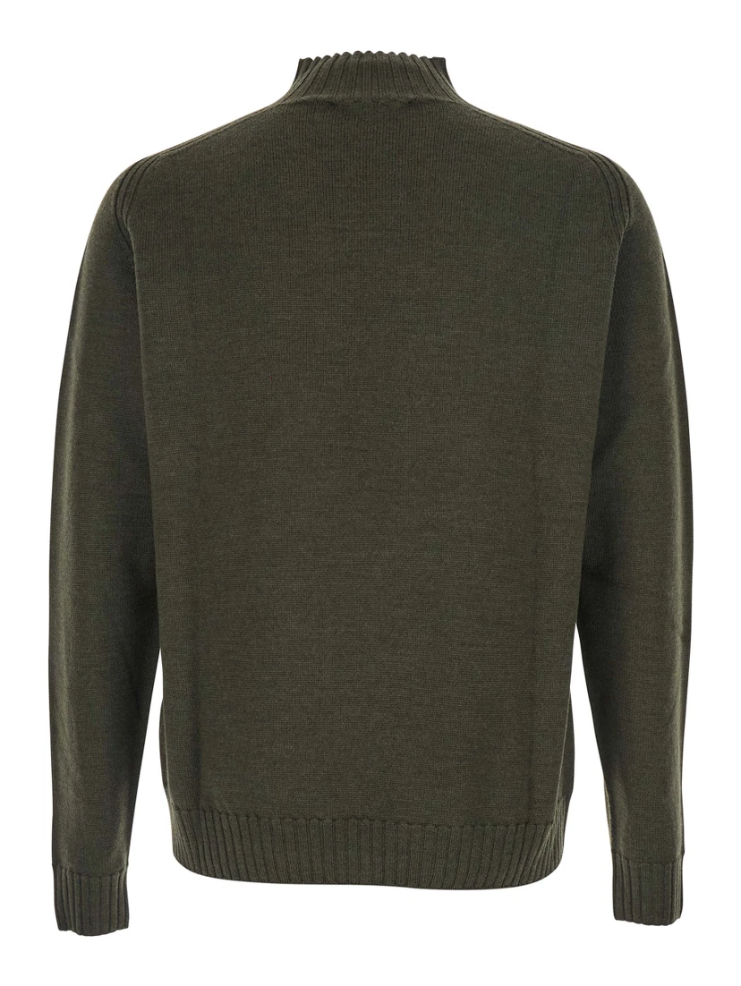 Green Crew Neck Sweater with Orb Logo Embroidered on the Front in Wool Blend Man