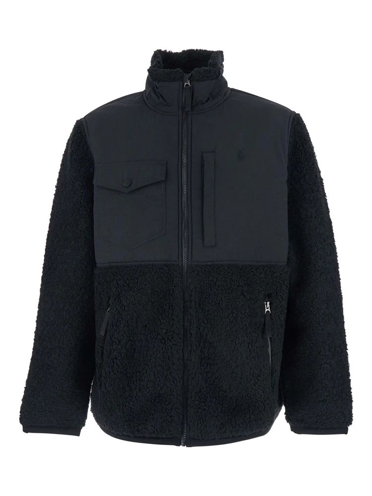 Black Jacket with Mock Neck and Tonal Pony Embroidery on the Front in Tech Fabric and Ecofur Man