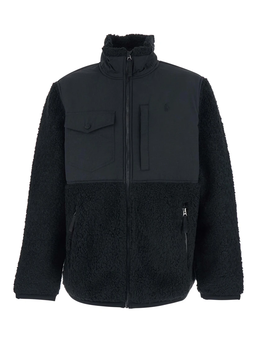 Black Jacket with Mock Neck and Tonal Pony Embroidery on the Front in Tech Fabric and Ecofur Man