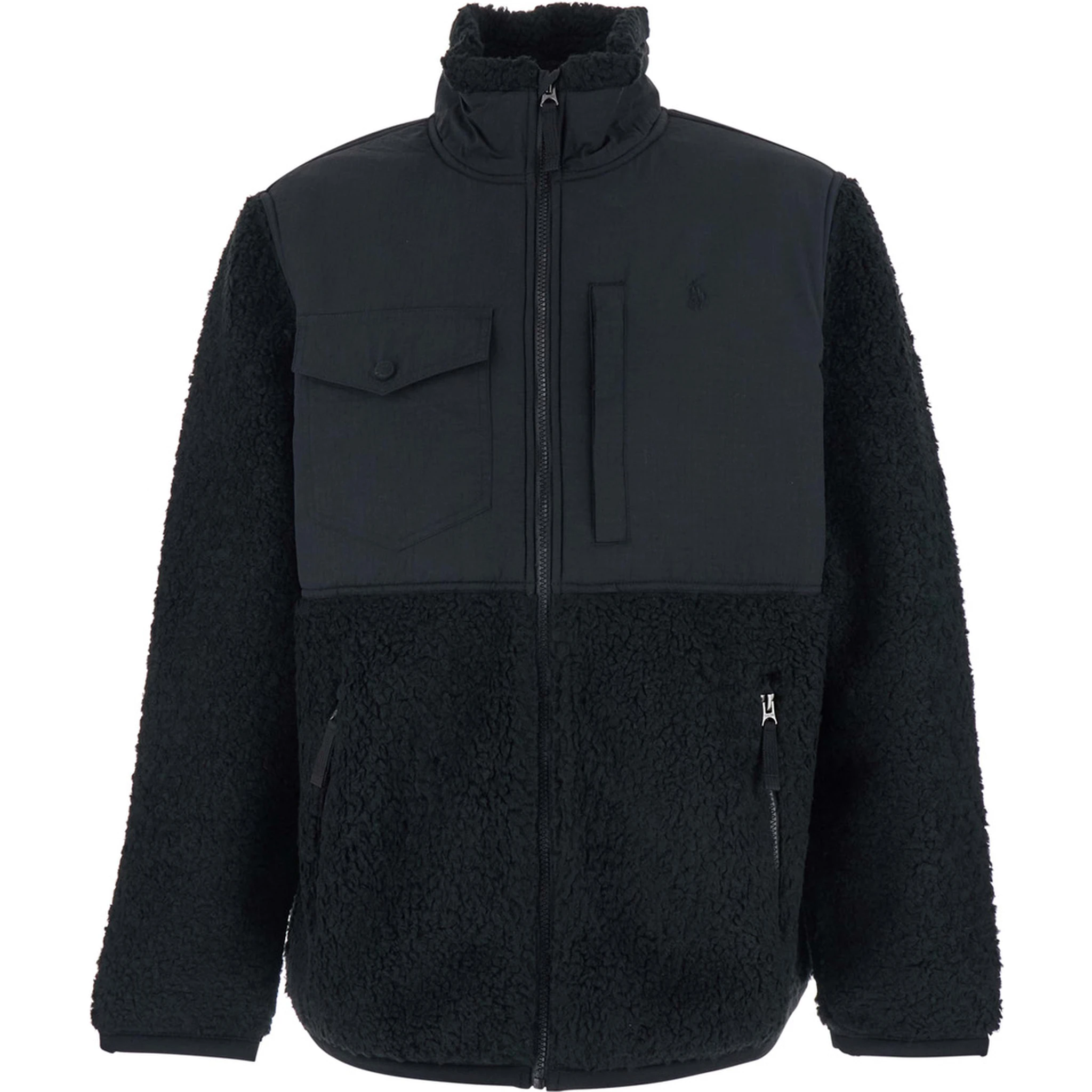 Black Jacket with Mock Neck and Tonal Pony Embroidery on the Front in Tech Fabric and Ecofur Man
