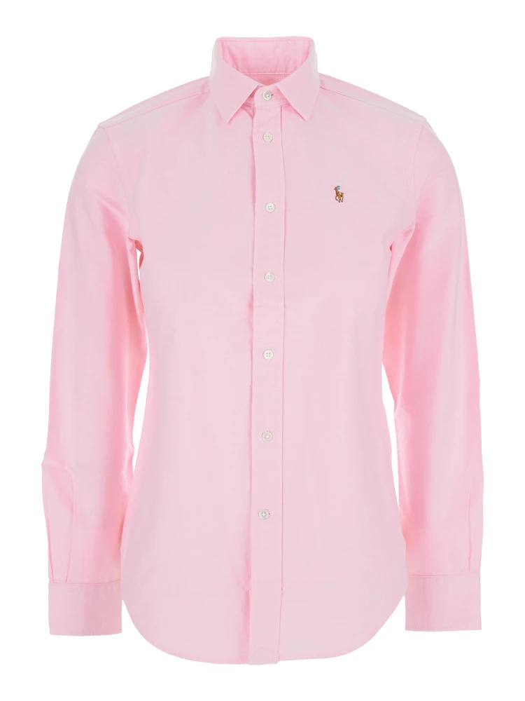 Pink Shirt with Classic Collar and Logo Embroidery on the Front in Cotton Woman