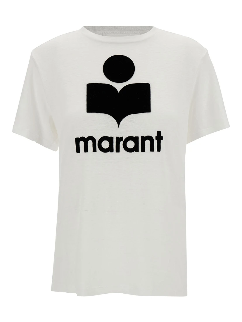 White Crewneck T-Shirt with Contrasting Logo Print in Linen Woman