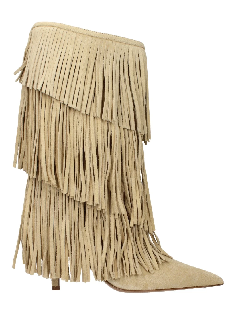 Beige Leather Flat Boots