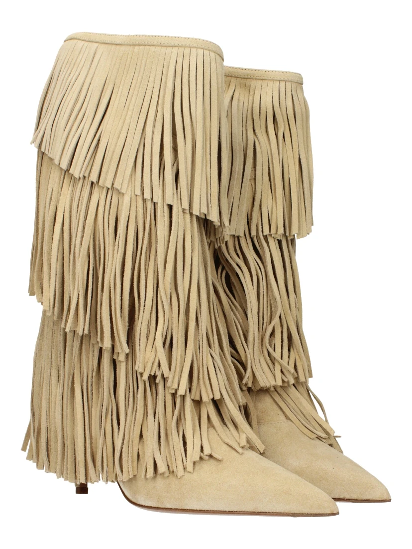 Beige Leather Flat Boots