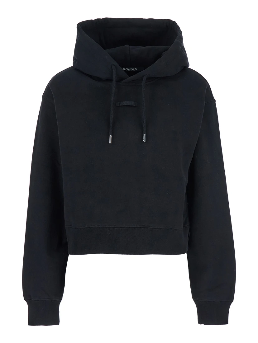 Le Hoodie Gros Grain Black Cropped Hoodie with Drawstring Hood and Logo Patch on the Front in Cotton Woman