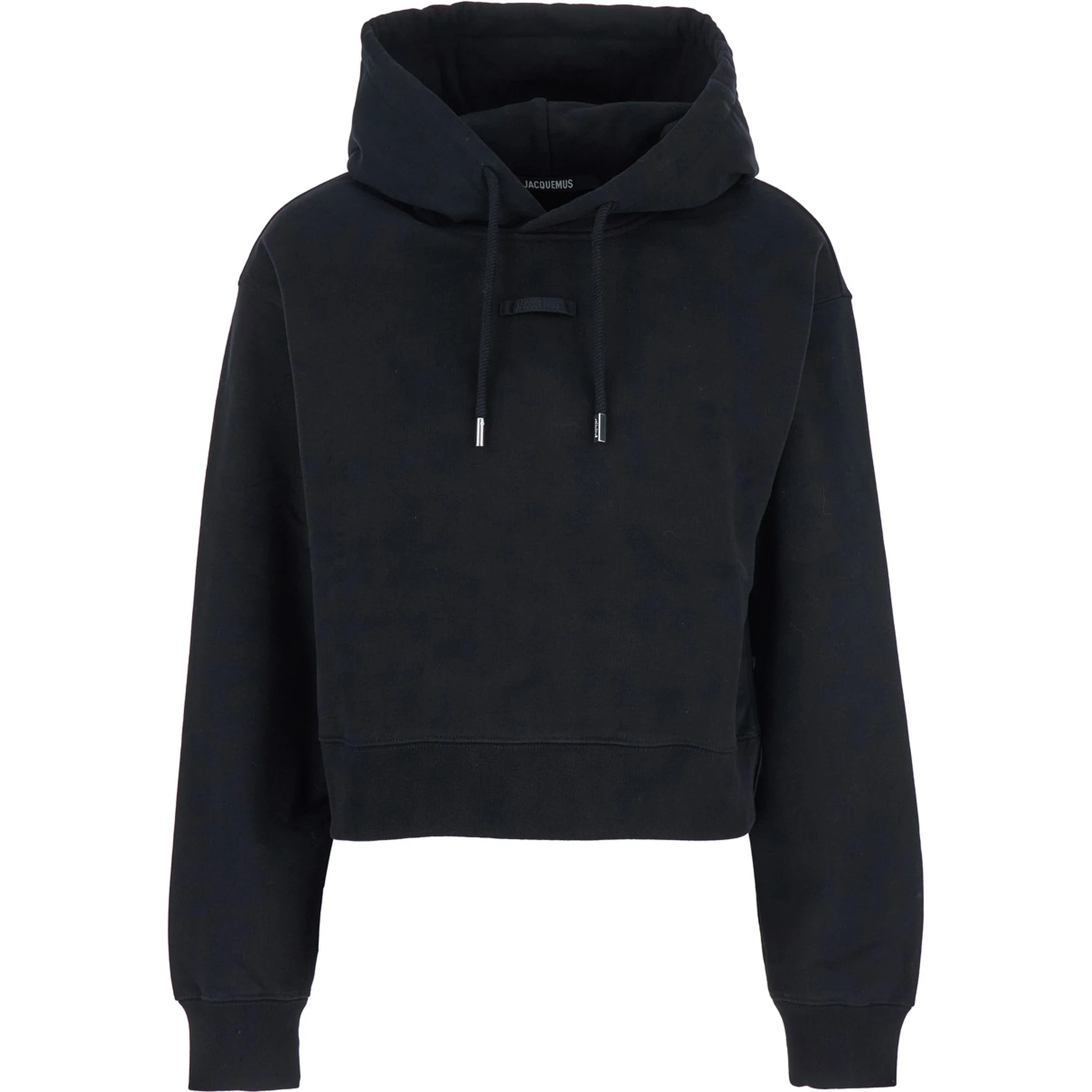 هودي قصير أسود من القطن المحبب، مزود برباط للغطاء وشعار في الأمام، للنساء