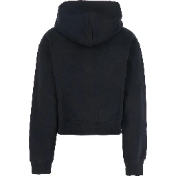 هودي قصير أسود من القطن المحبب، مزود برباط للغطاء وشعار في الأمام، للنساء