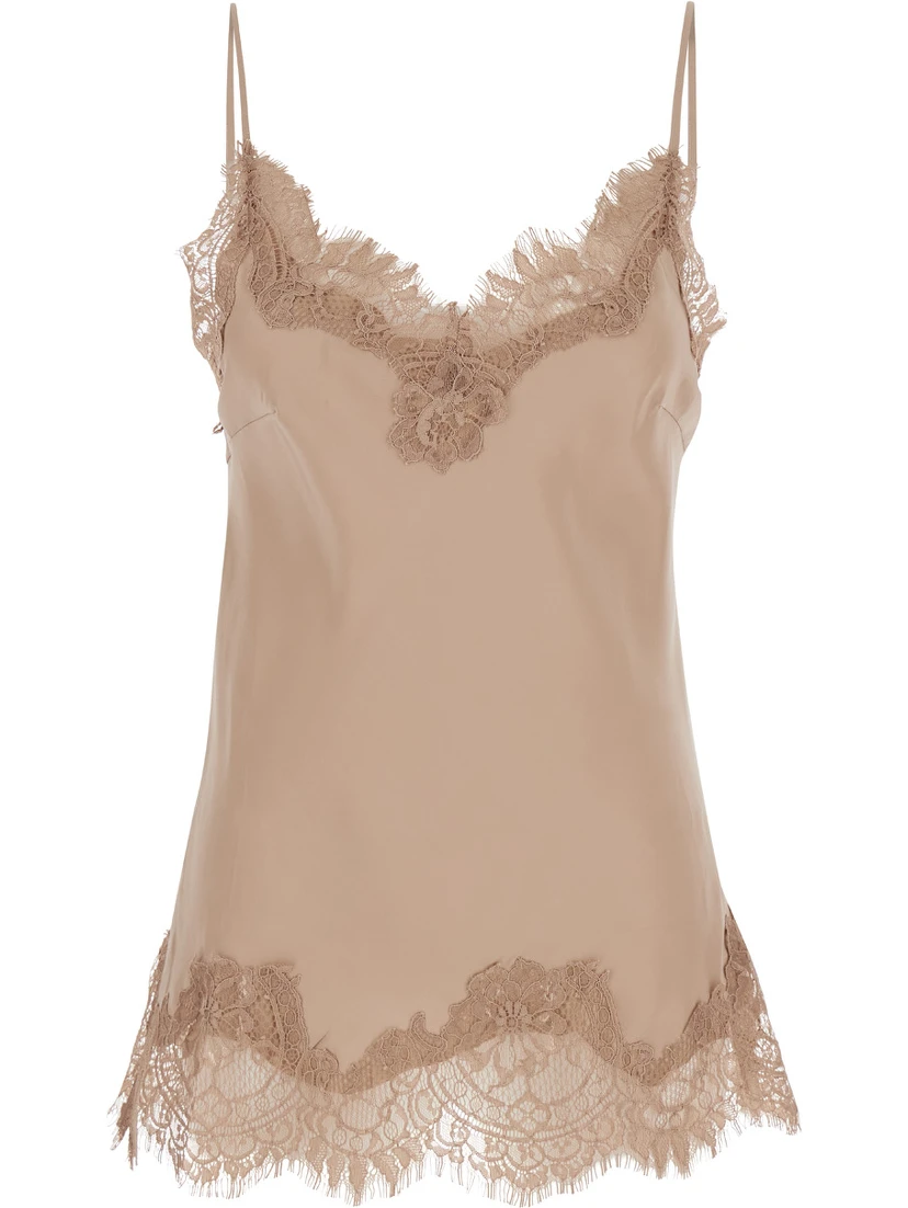 Coco Beige Camie Top with Tonal Lace Trim in Silk Woman