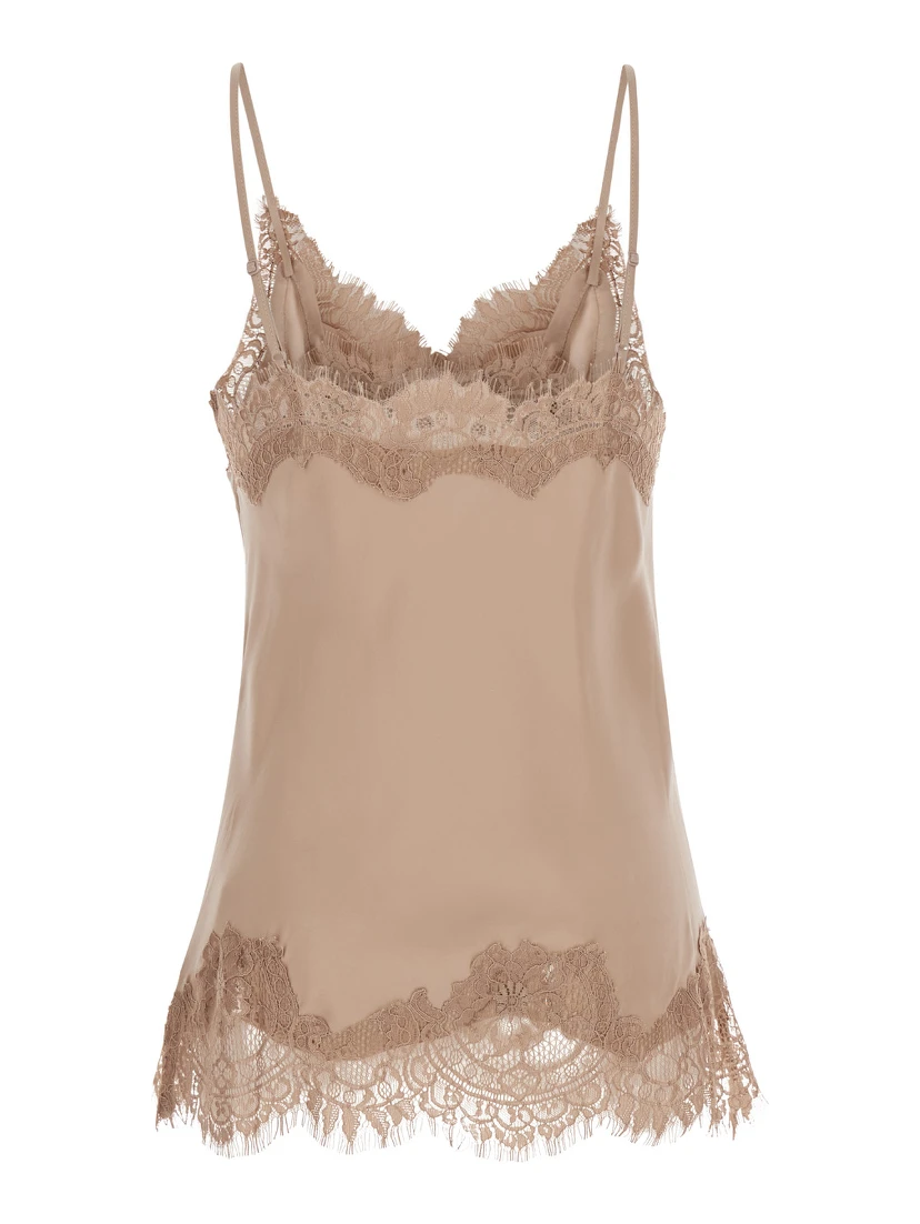 Coco Beige Camie Top with Tonal Lace Trim in Silk Woman