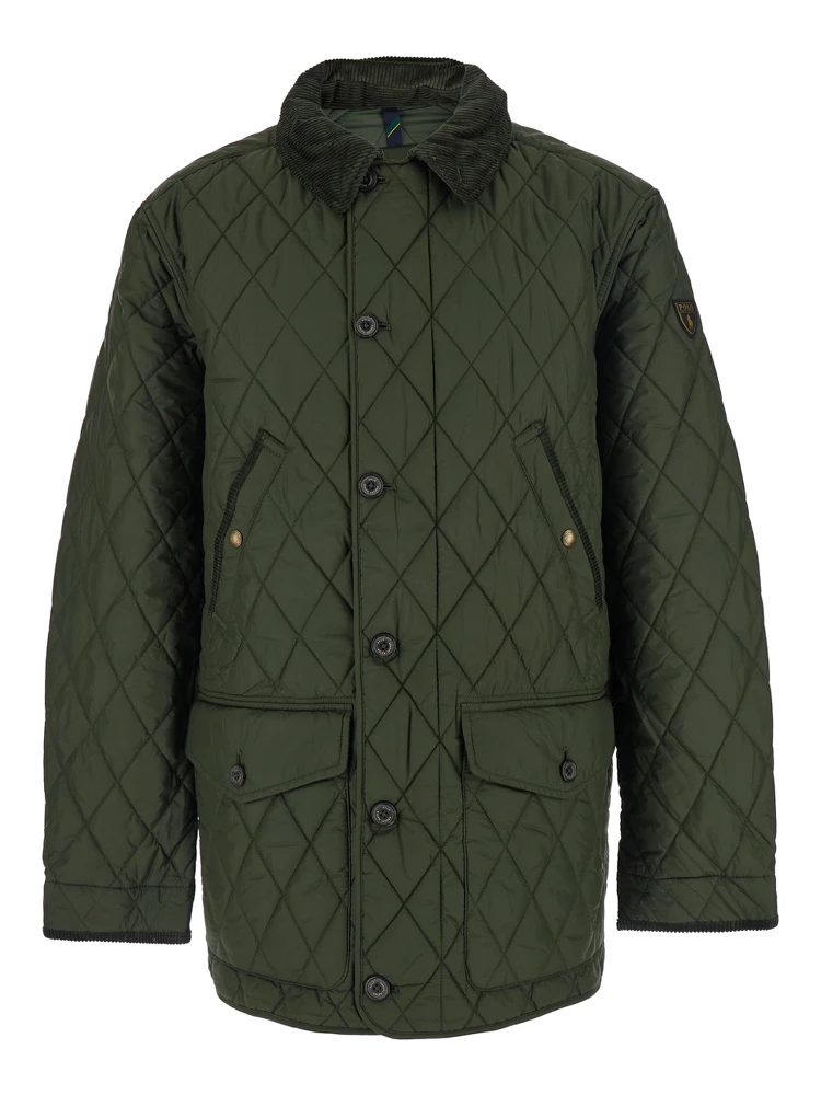 Green Jacket with Corduroy Collar and Logo Patch on the Sleeve in Cotton Man