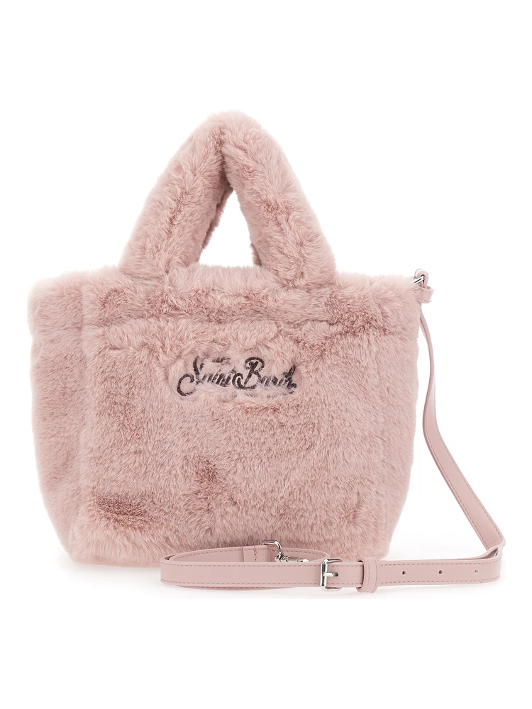 Vanity Mini Pink Handbag with Logo Lettering on Front and Back and Leopard Print in Eco Fur Girl alternative