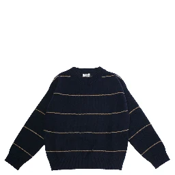 Blue Crewneck Sweater with Ribbed Trims and All-Over Striped Motif in Wool Boy