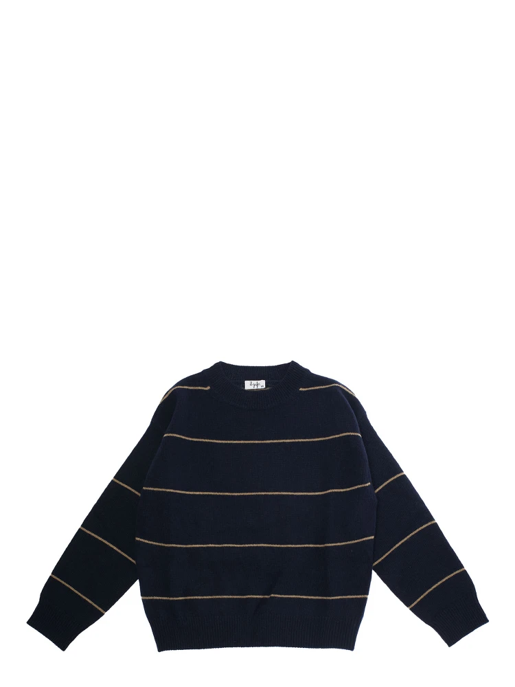 Blue Crewneck Sweater with Ribbed Trims and All-Over Striped Motif in Wool Boy