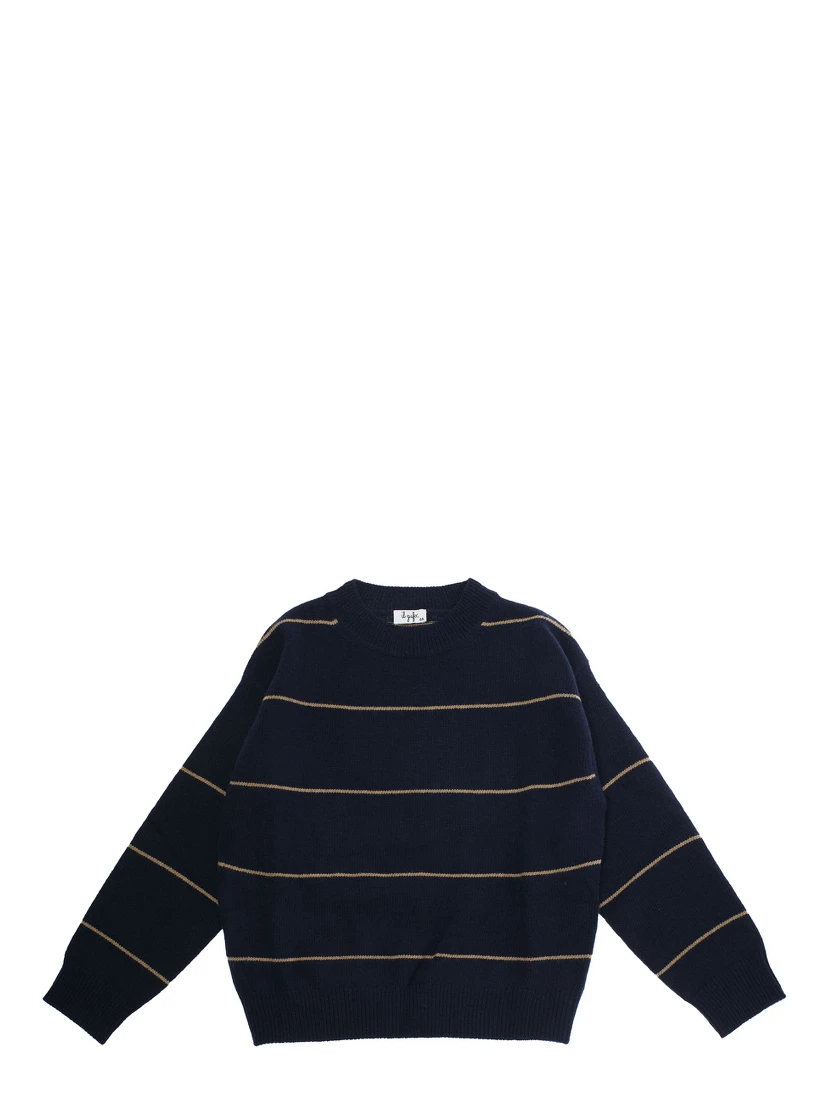 Blue Crewneck Sweater with Ribbed Trims and All-Over Striped Motif in Wool Boy