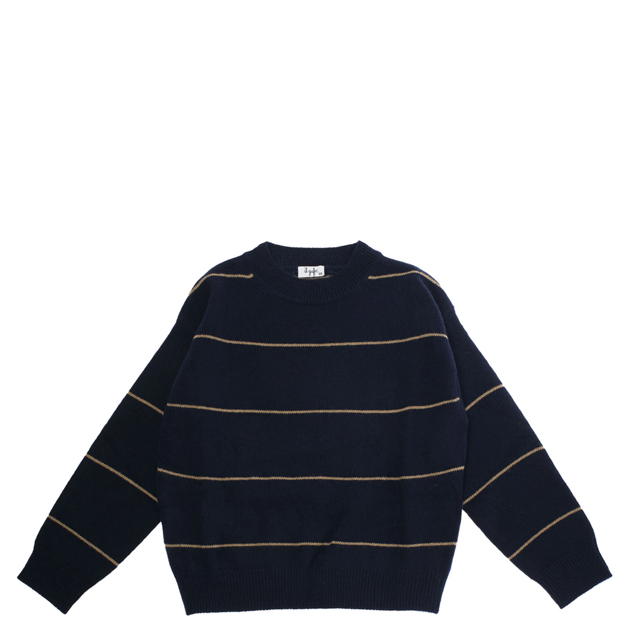 Blue Crewneck Sweater with Ribbed Trims and All-Over Striped Motif in Wool Boy