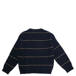Blue Crewneck Sweater with Ribbed Trims and All-Over Striped Motif in Wool Boy
