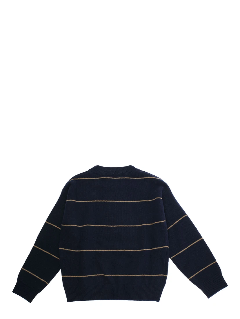 Blue Crewneck Sweater with Ribbed Trims and All-Over Striped Motif in Wool Boy