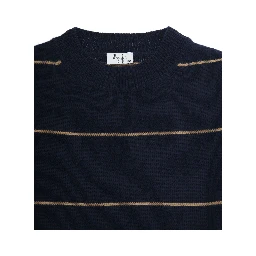 Blue Crewneck Sweater with Ribbed Trims and All-Over Striped Motif in Wool Boy
