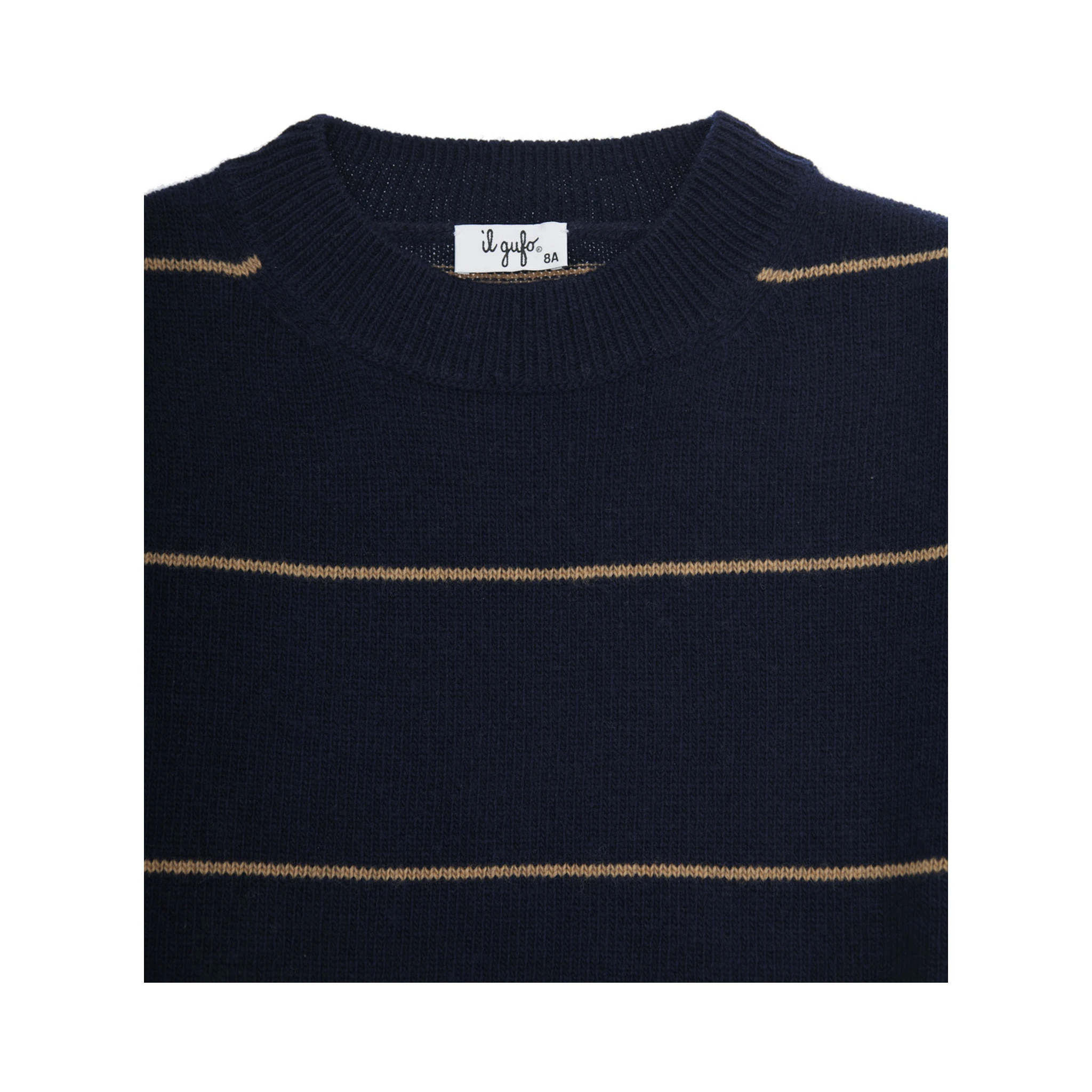 Blue Crewneck Sweater with Ribbed Trims and All-Over Striped Motif in Wool Boy