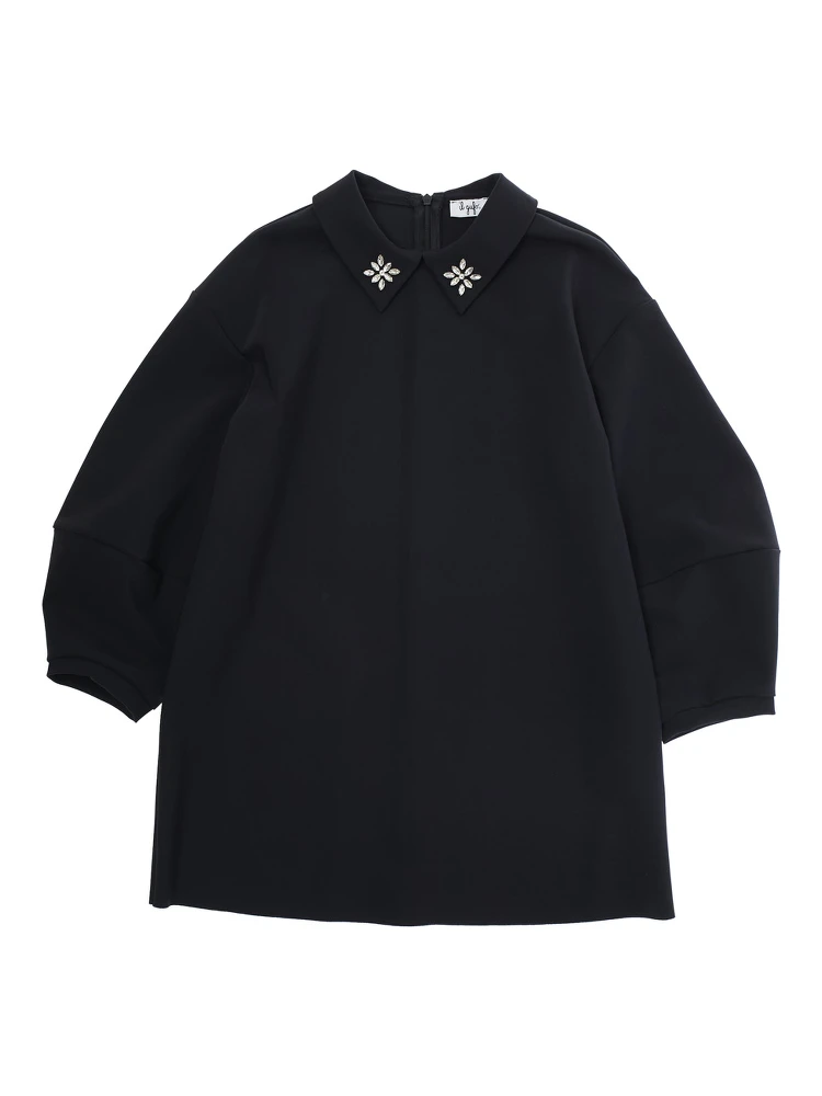 Black Dress with Beaded Collar and Rear Zip Closure in Tech Fabric Stretch Girl