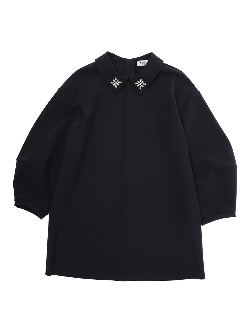 Black Dress with Beaded Collar and Rear Zip Closure in Tech Fabric Stretch Girl