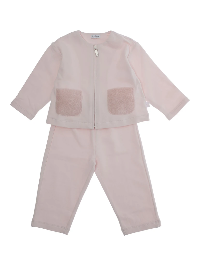 Pink Crewneck Suit with Front Zip Closure in Cotton Stretch Baby