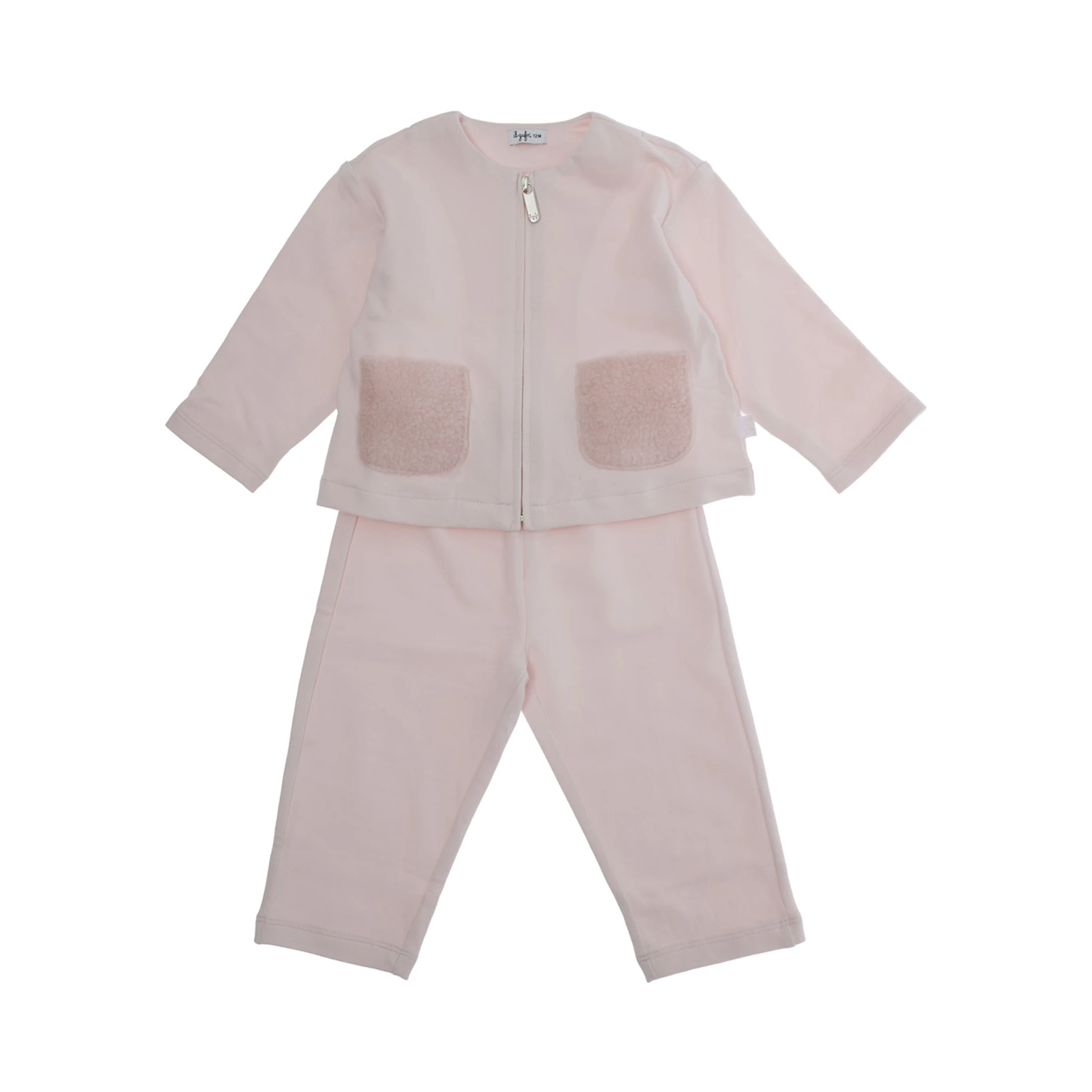 Pink Crewneck Suit with Front Zip Closure in Cotton Stretch Baby