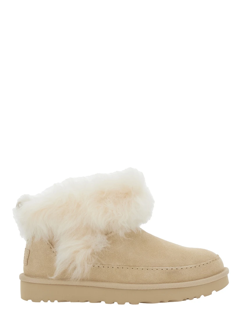 Classic Ultra Mini Chalet Beige Ankle Boots with Fur Design in Suede Woman