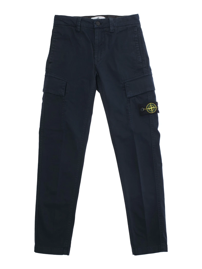 Blue Pants with Belt Loops and Logo Patch on the Front in Cotton Stretch Boy