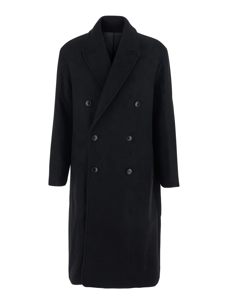 Black Double-Breasted Coat with Classic Lapels in Wool Blend Man