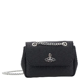 Black Small Crossbody Bag with Orb Logo in Saffiano Effect Fabric Woman