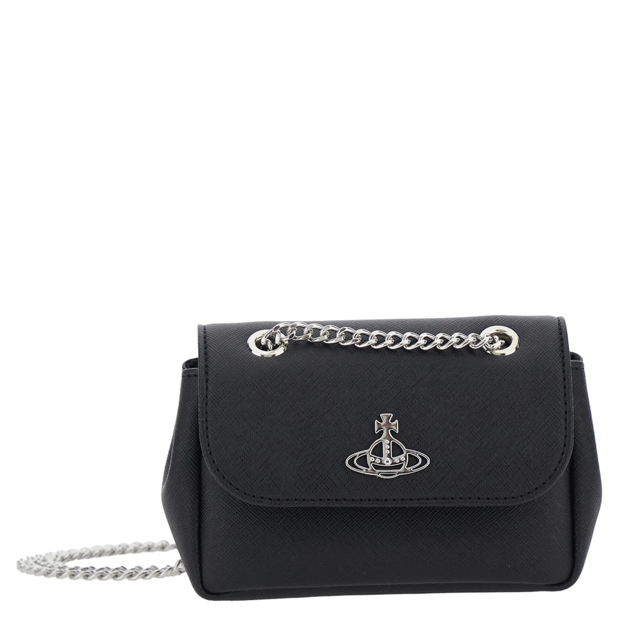 Black Small Crossbody Bag with Orb Logo in Saffiano Effect Fabric Woman