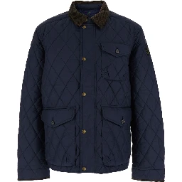 The Beaton Blue Jacket with Corduroy Collar and Logo Patch on the Sleeve in Tech Fabric Man
