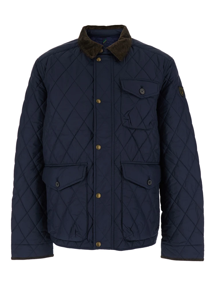 The Beaton Blue Jacket with Corduroy Collar and Logo Patch on the Sleeve in Tech Fabric Man
