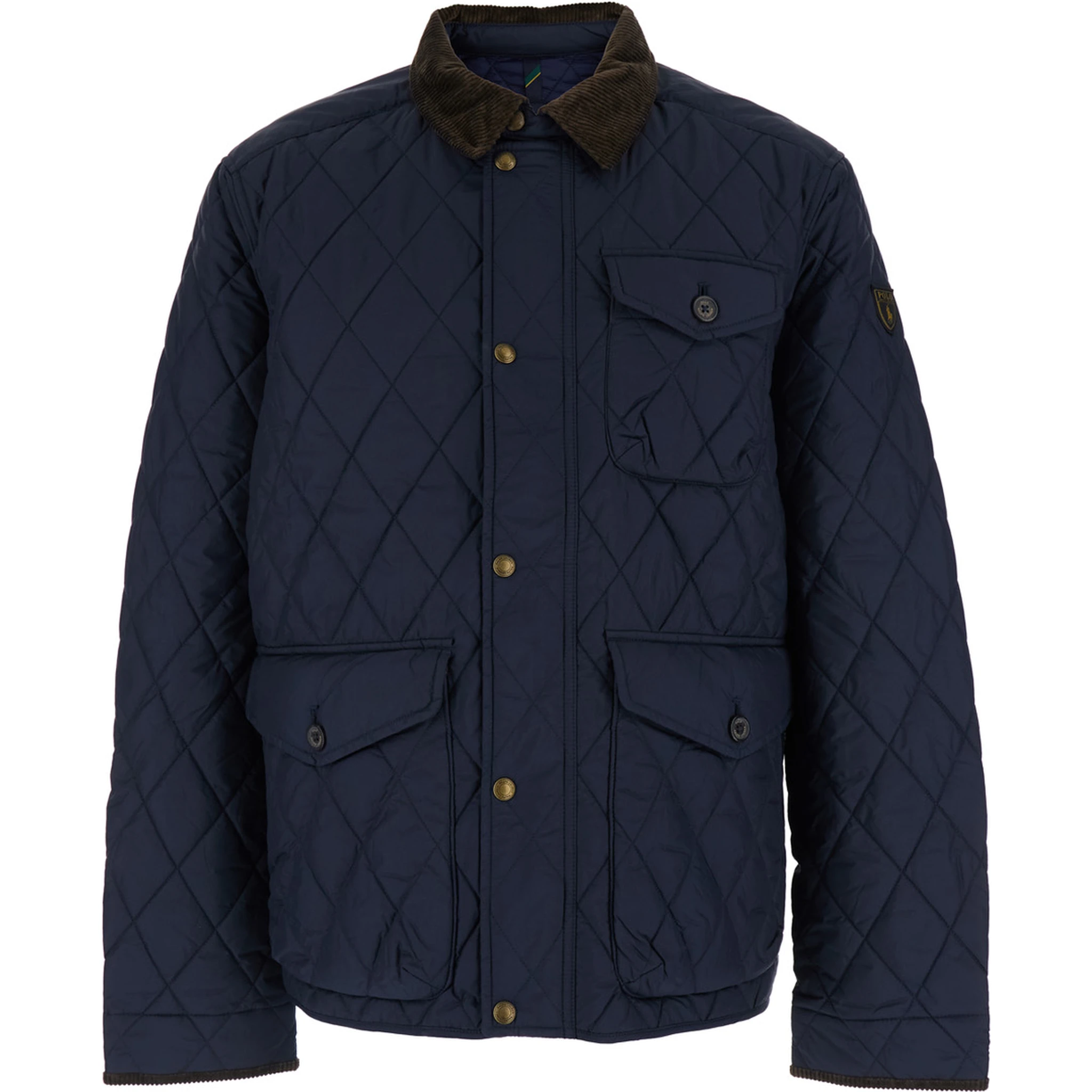 The Beaton Blue Jacket with Corduroy Collar and Logo Patch on the Sleeve in Tech Fabric Man