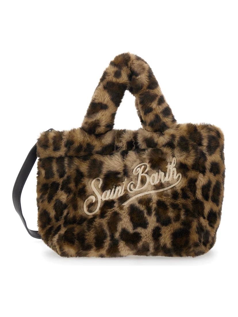 Vanity Mini Brown Handbag with Logo Lettering on Front and Back and Leopard Print in Eco Fur Girl