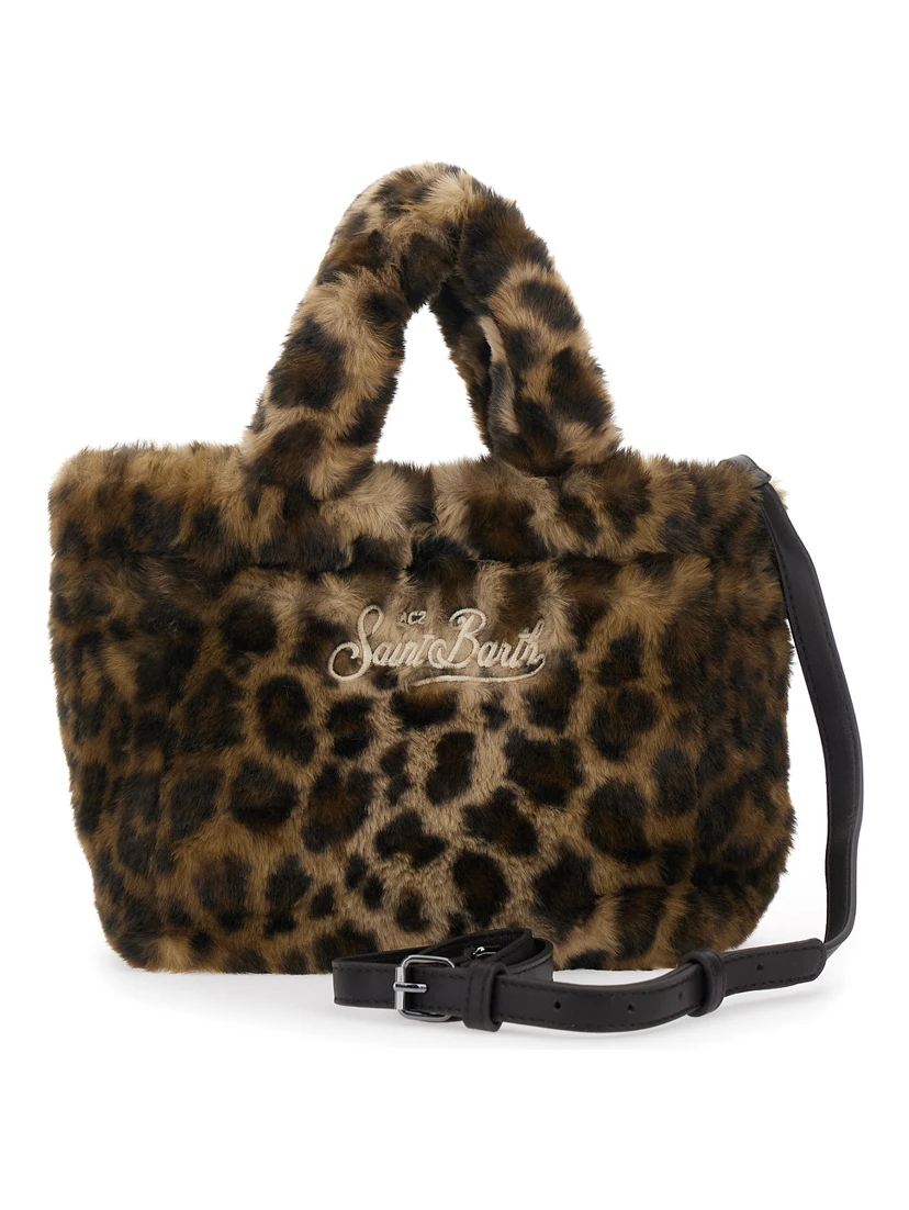 Vanity Mini Brown Handbag with Logo Lettering on Front and Back and Leopard Print in Eco Fur Girl