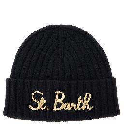 Black Ribbed Beanie with Embroidered Logo on the Front in Wool Boy