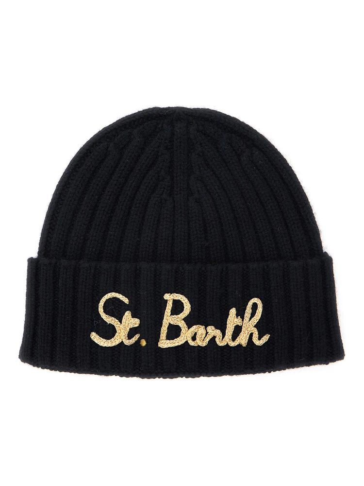 Black Ribbed Beanie with Embroidered Logo on the Front in Wool Boy