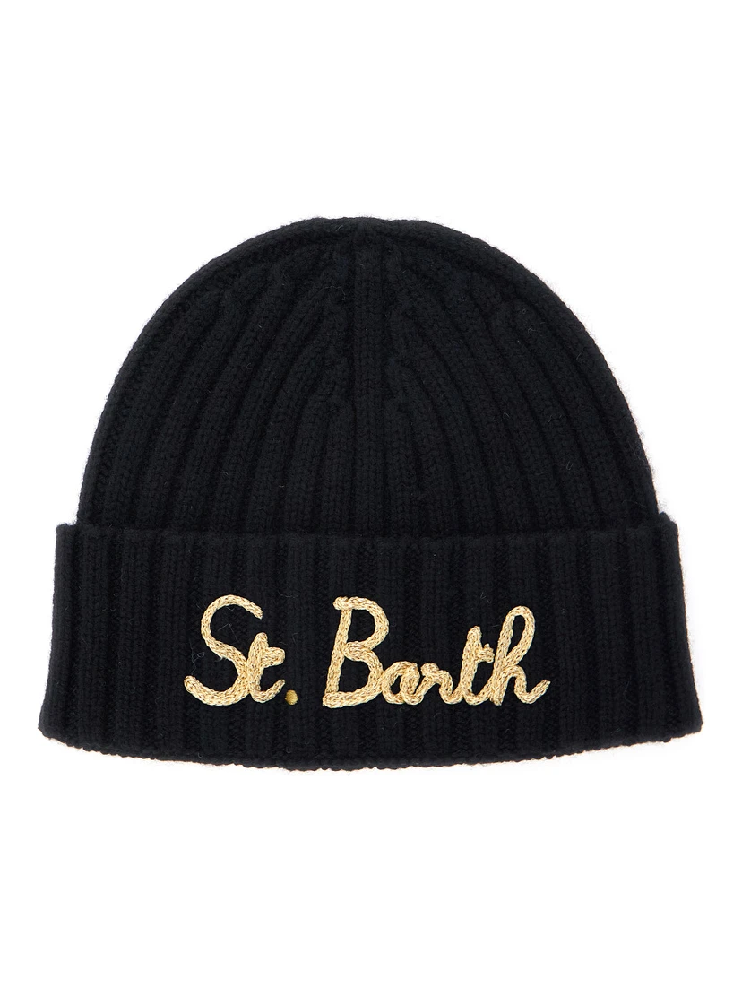 Black Ribbed Beanie with Embroidered Logo on the Front in Wool Boy