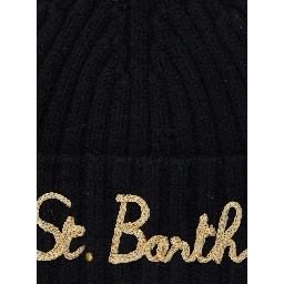 Black Ribbed Beanie with Embroidered Logo on the Front in Wool Boy