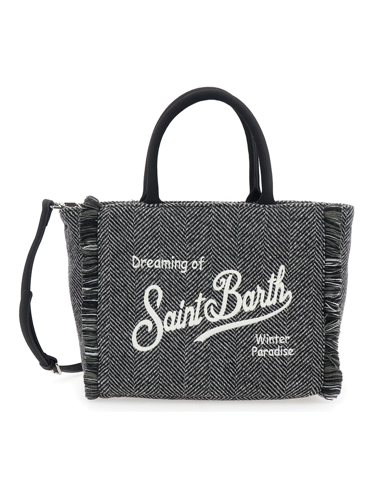 Colette Grey Handbag with Fringed Details and Logo Lettering Embroidery on the Front in Wool Girl