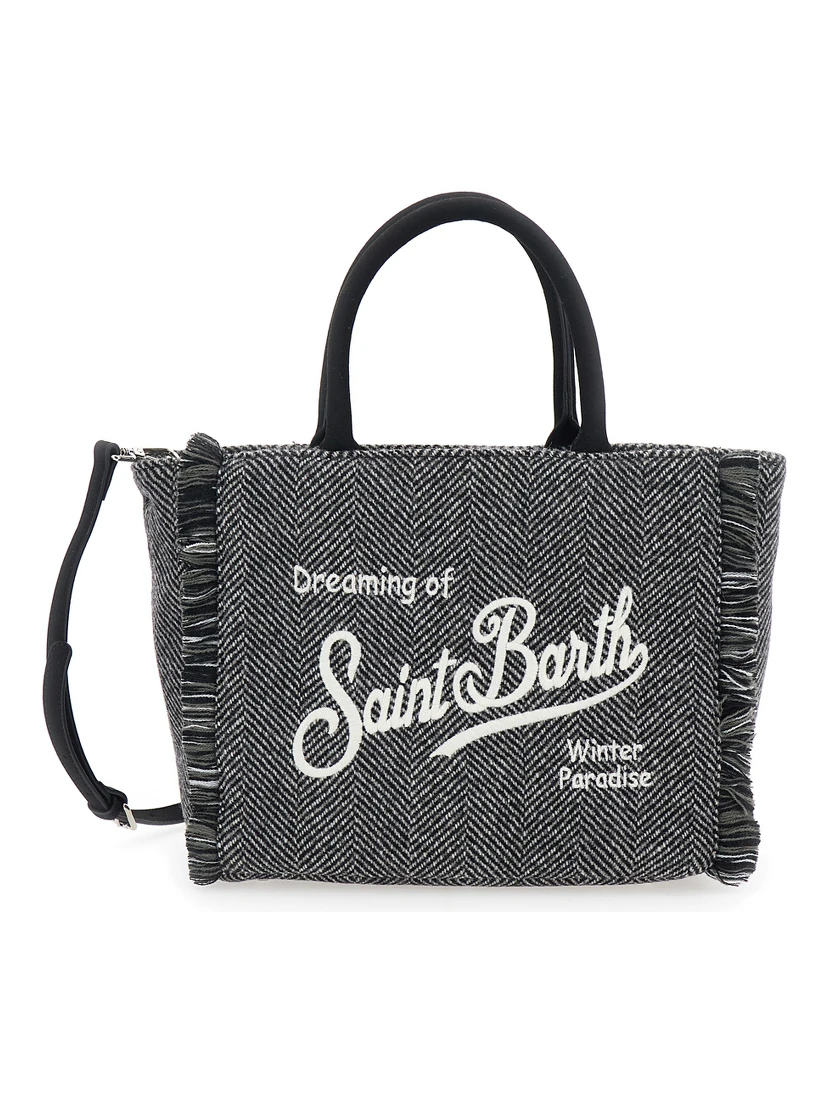 Colette Grey Handbag with Fringed Details and Logo Lettering Embroidery on the Front in Wool Girl
