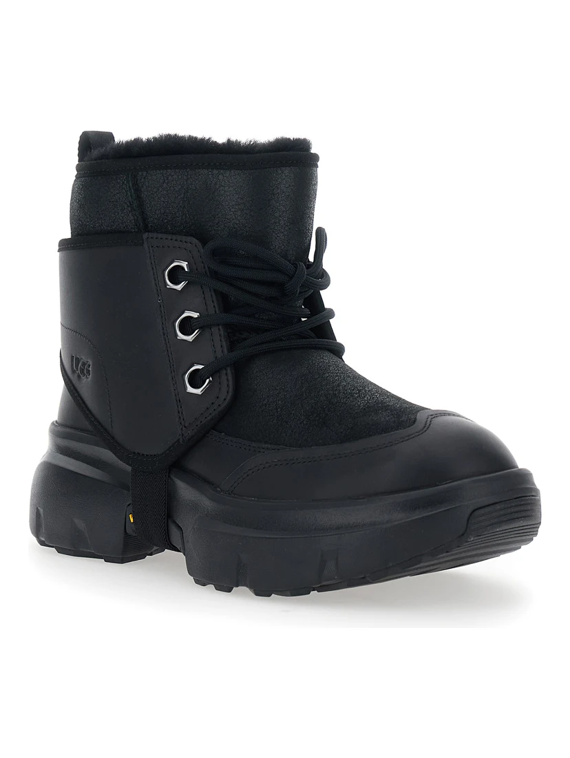 Black Ankle Boots with Side Logo and Platform Sole in Leather Blend Woman