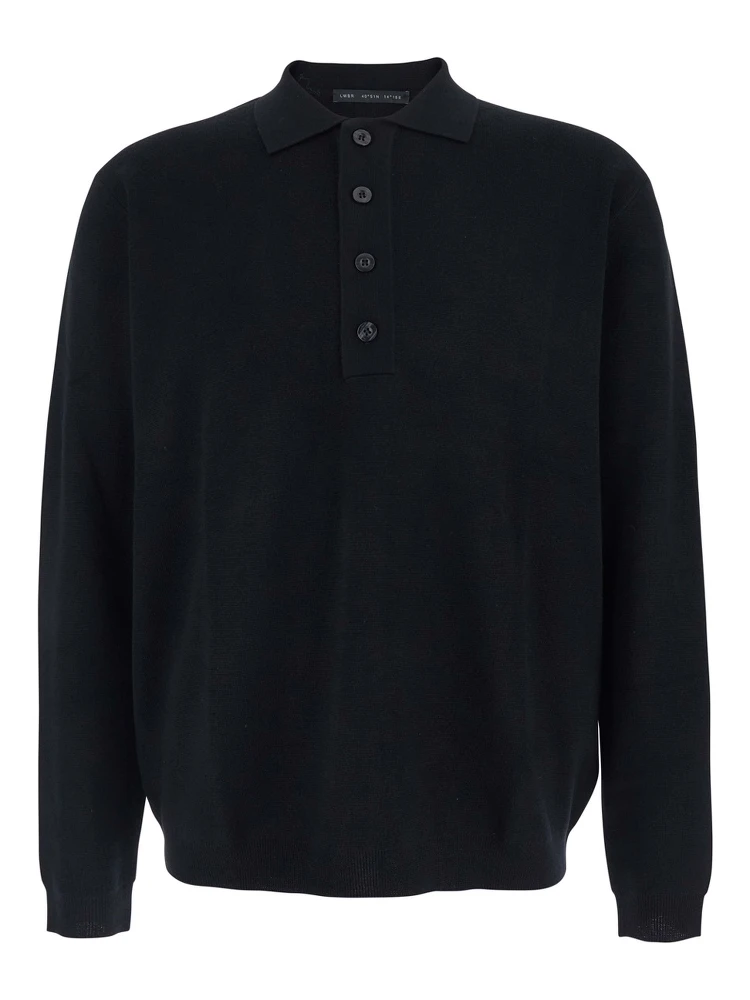 كنزة صوفية سوداء بياقة قميص بولو وأكمام طويلة للرجال