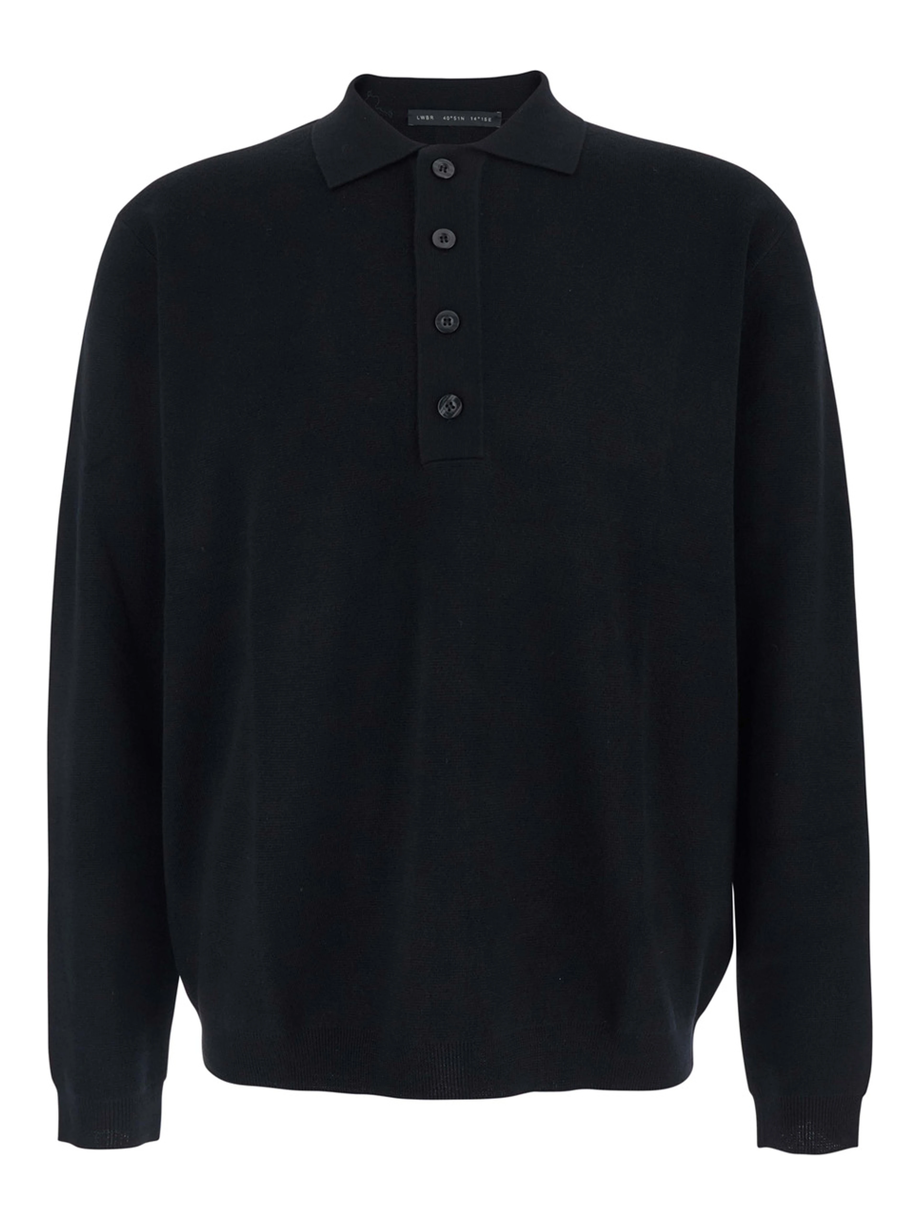 Black Sweater with Polo Shirt Style Collar and Long Sleeves in Wool Man