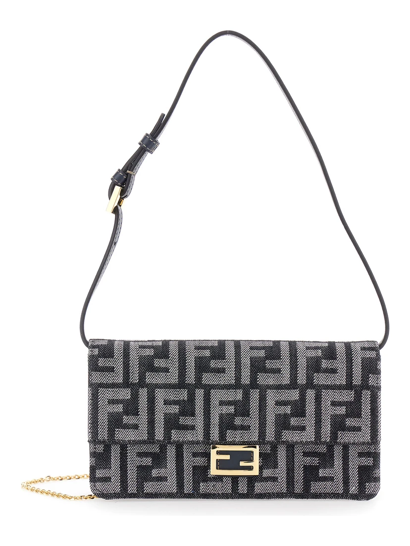 Blue Crossbody Bag with All-Over FF Motif and Metallic FF Plaque on the Front in Cotton Woman