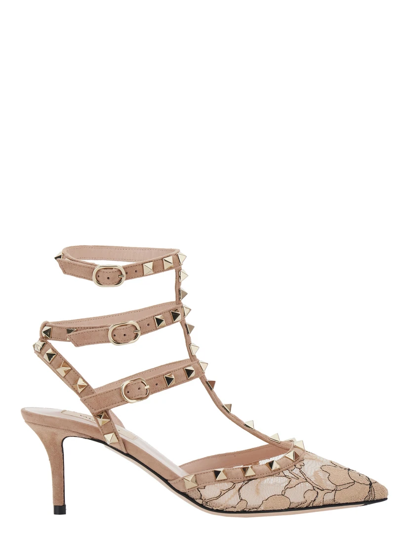Pink Pumps with Rockstud Studs and Adjustable Buckles in Leather Woman